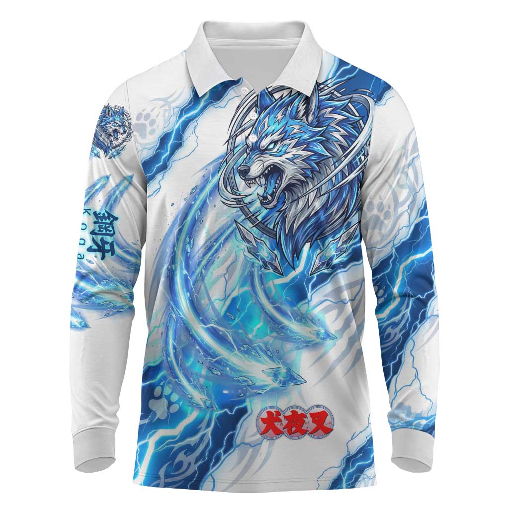 Koga Inuyasha Series Long Sleeve Polo Shirt Electric Storm Anime Style with Blue Wolf Spirit