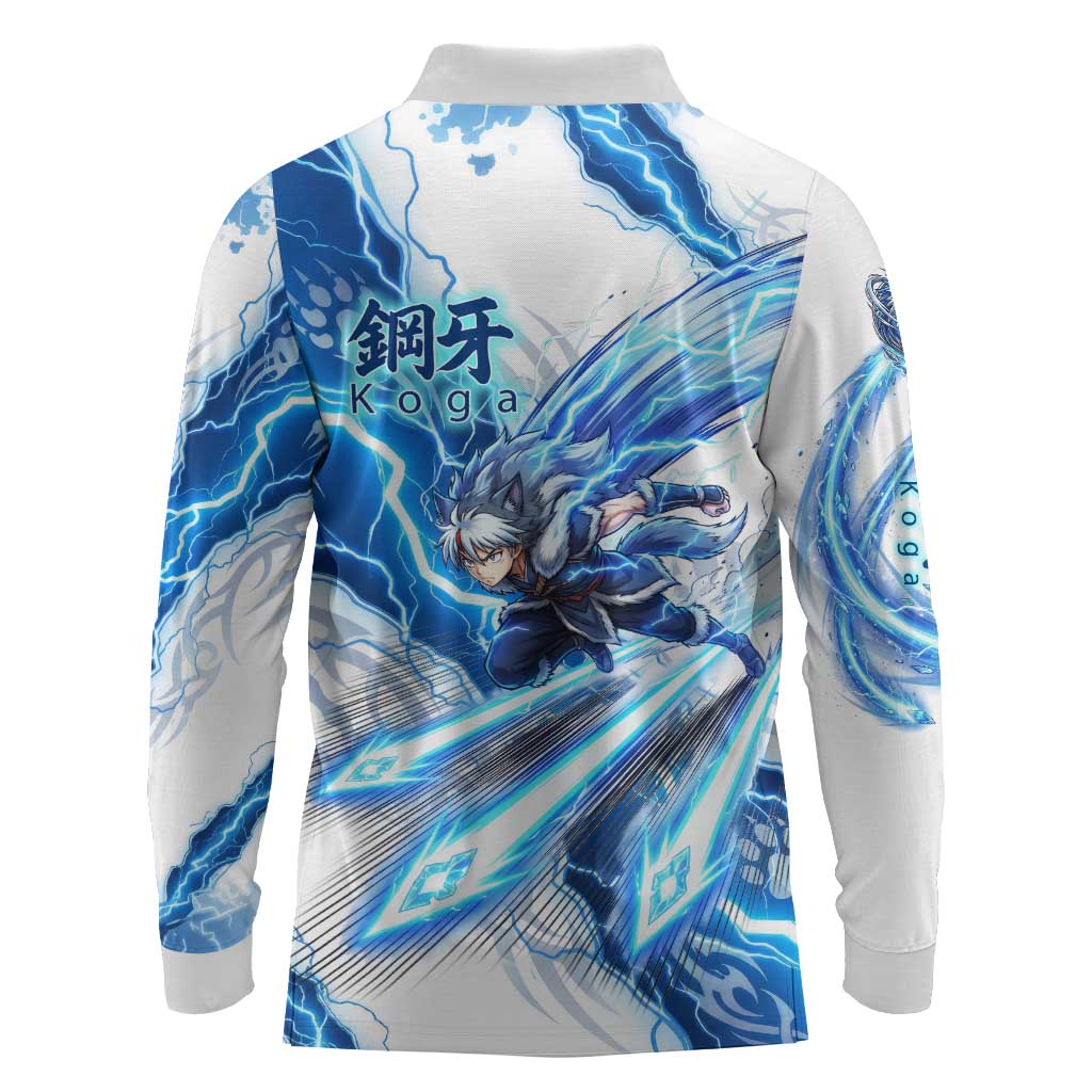 Koga Inuyasha Series Long Sleeve Polo Shirt Electric Storm Anime Style with Blue Wolf Spirit
