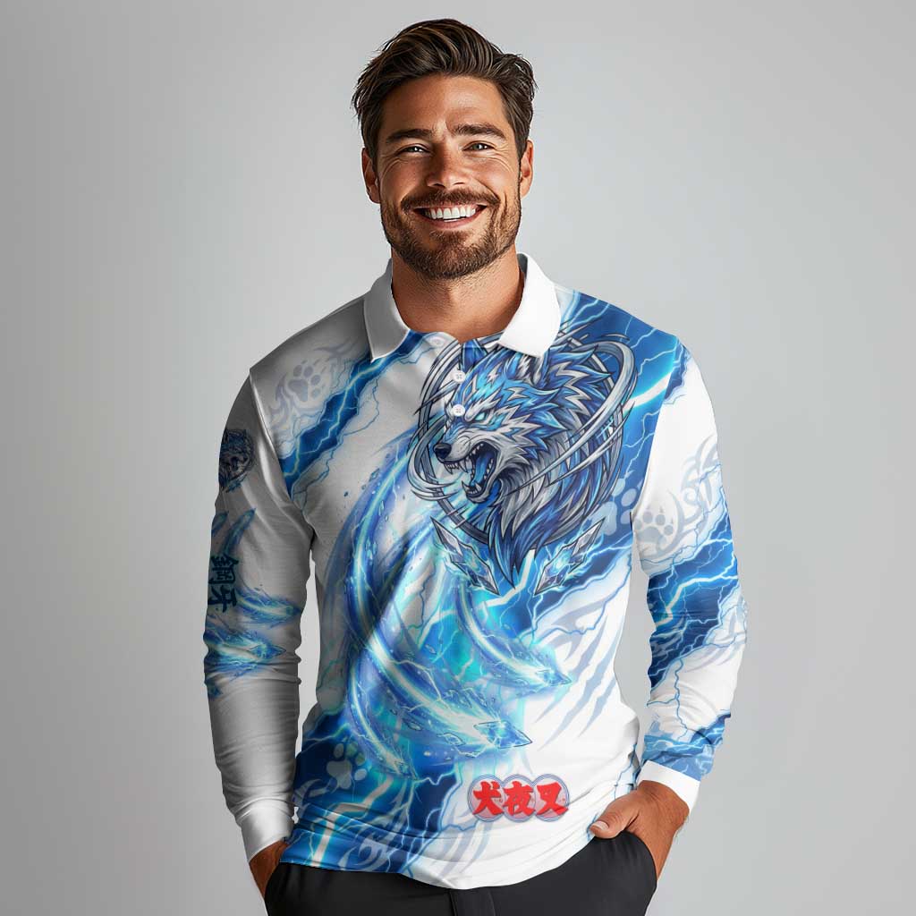Koga Inuyasha Series Long Sleeve Polo Shirt Electric Storm Anime Style with Blue Wolf Spirit