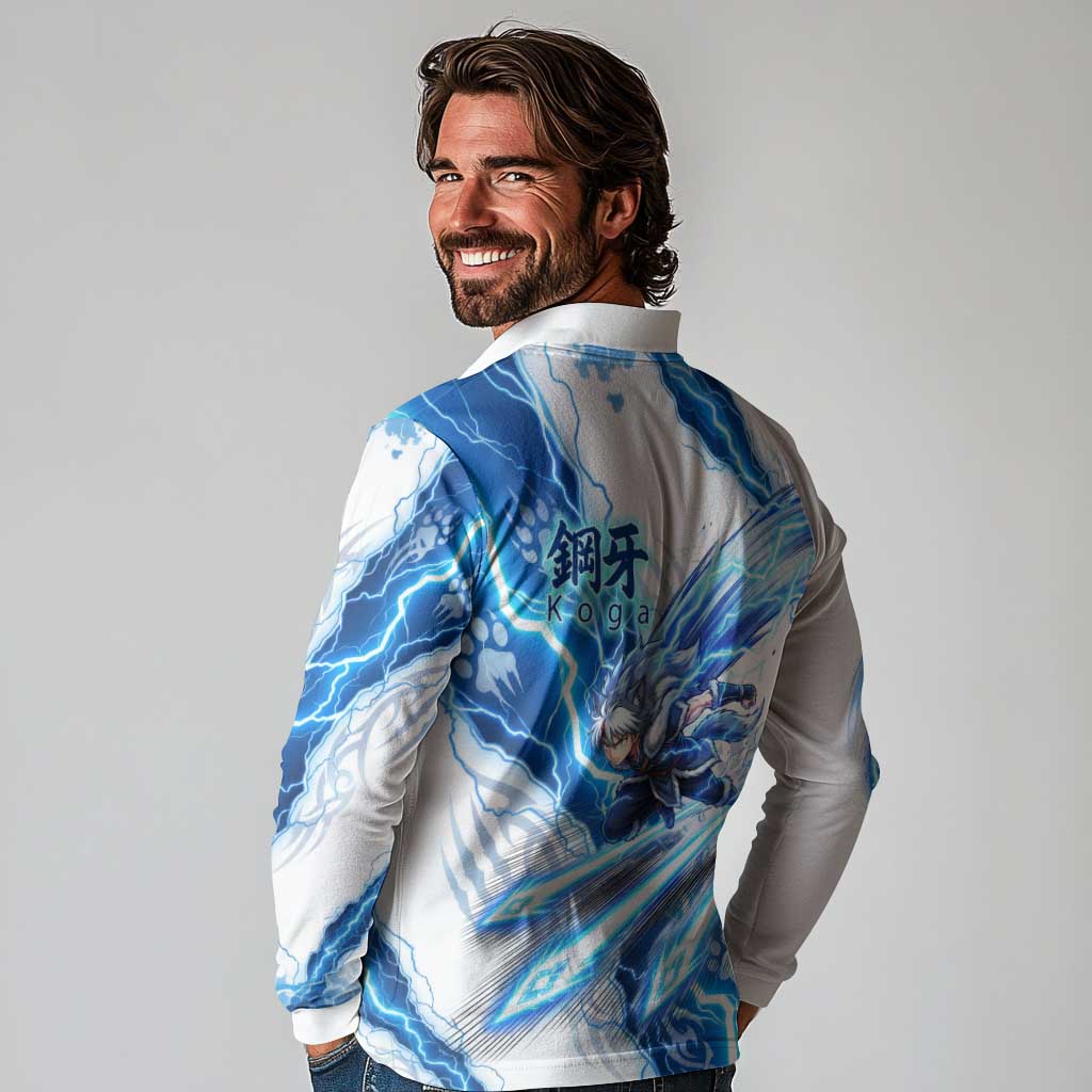 Koga Inuyasha Series Long Sleeve Polo Shirt Electric Storm Anime Style with Blue Wolf Spirit