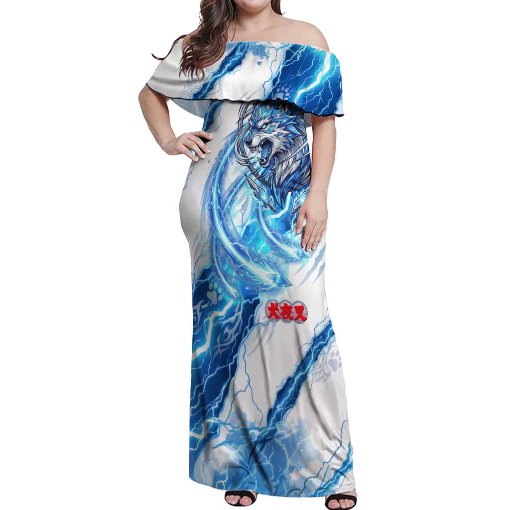 Koga Inuyasha Series Off Shoulder Maxi Dress Electric Storm Anime Style with Blue Wolf Spirit