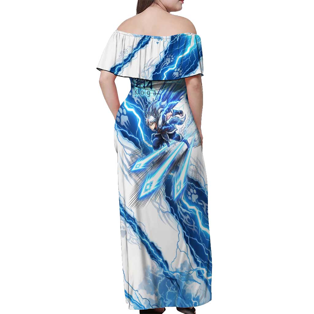 Koga Inuyasha Series Off Shoulder Maxi Dress Electric Storm Anime Style with Blue Wolf Spirit