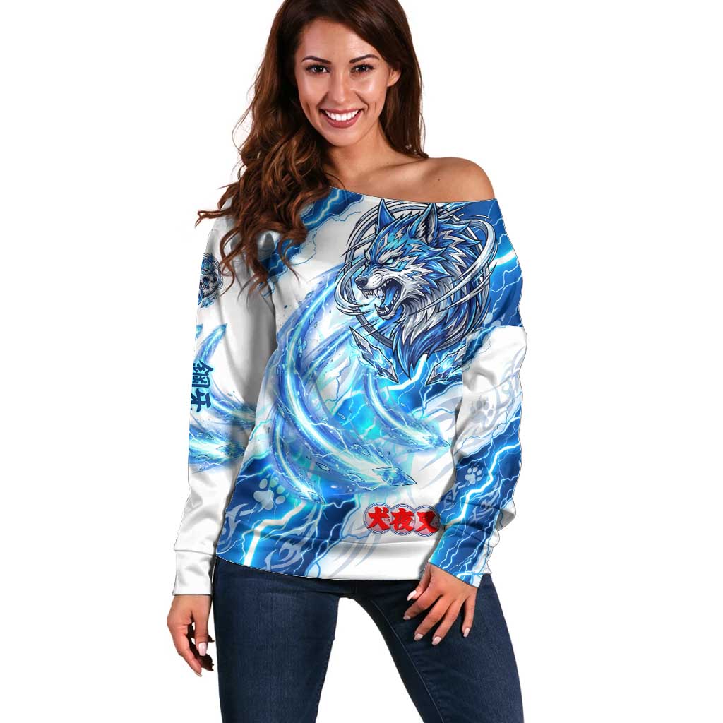 Koga Inuyasha Series Off Shoulder Sweater Electric Storm Anime Style with Blue Wolf Spirit