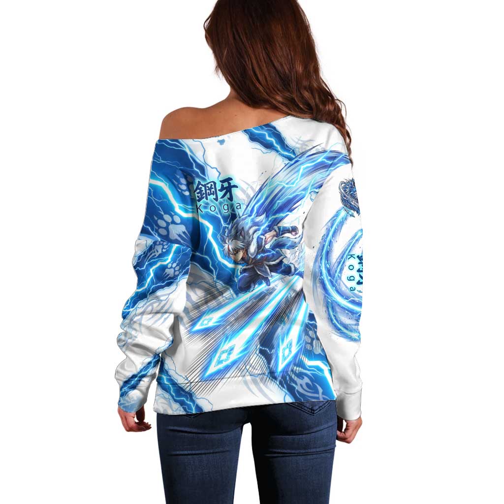 Koga Inuyasha Series Off Shoulder Sweater Electric Storm Anime Style with Blue Wolf Spirit