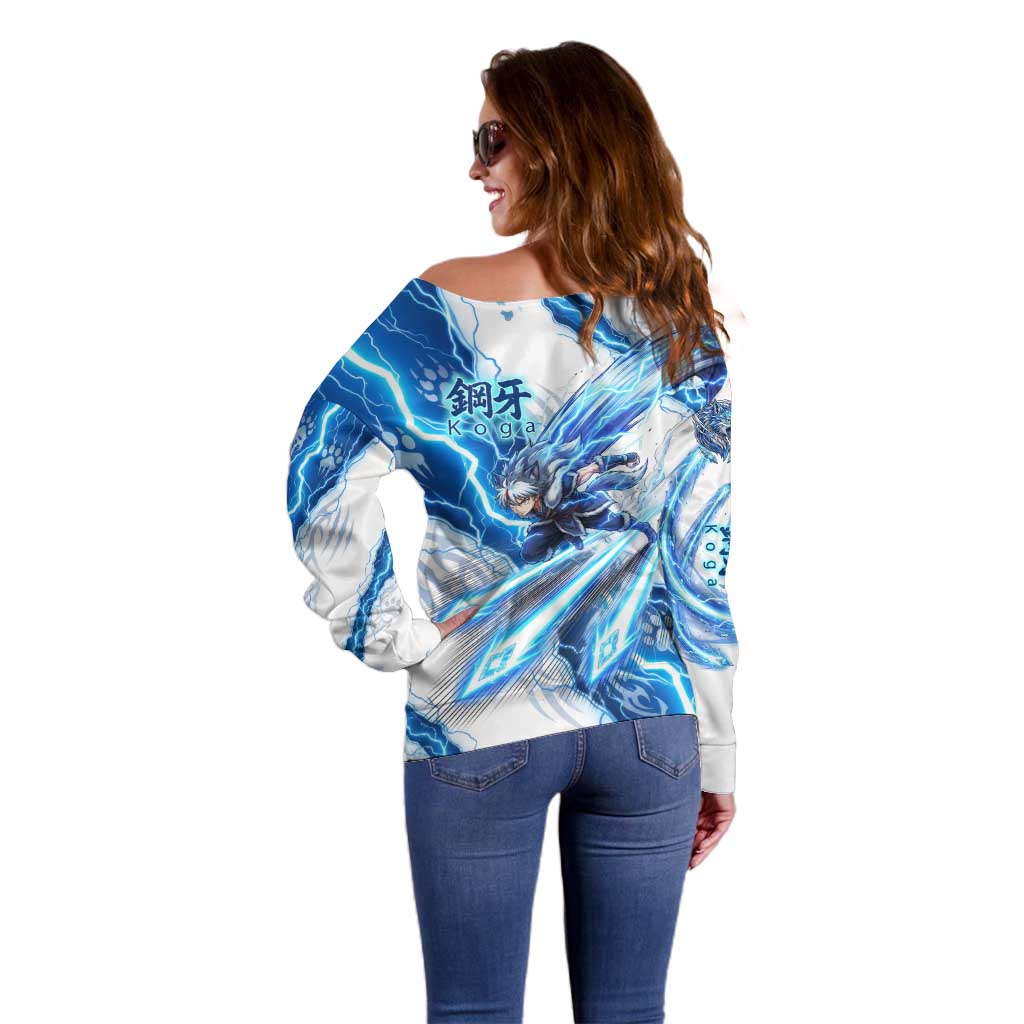 Koga Inuyasha Series Off Shoulder Sweater Electric Storm Anime Style with Blue Wolf Spirit