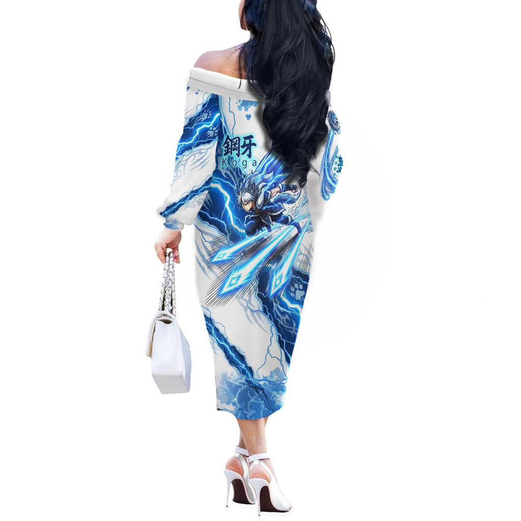 Koga Inuyasha Series Off The Shoulder Long Sleeve Dress Electric Storm Anime Style with Blue Wolf Spirit