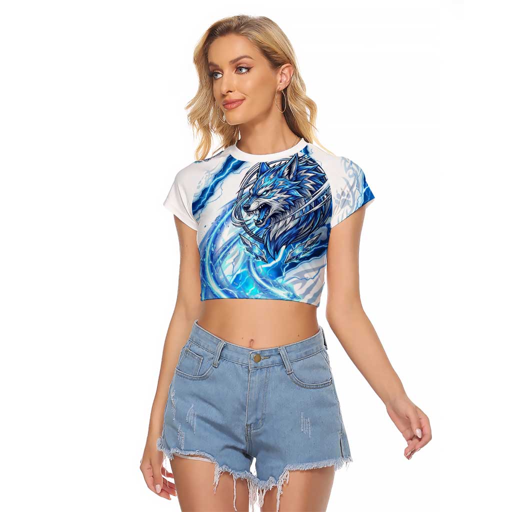 Koga Inuyasha Series Raglan Cropped T Shirt Electric Storm Anime Style with Blue Wolf Spirit