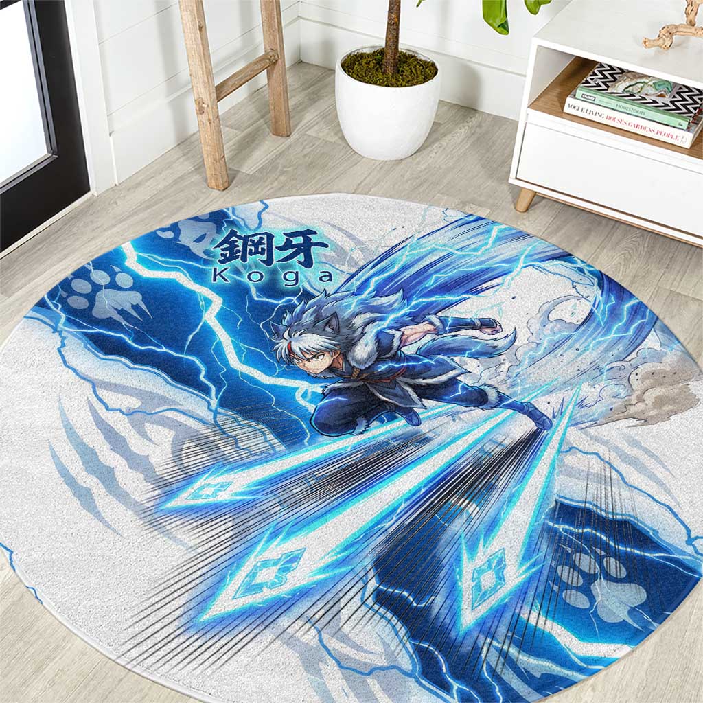 Koga Inuyasha Series Round Carpet Electric Storm Anime Style with Blue Wolf Spirit