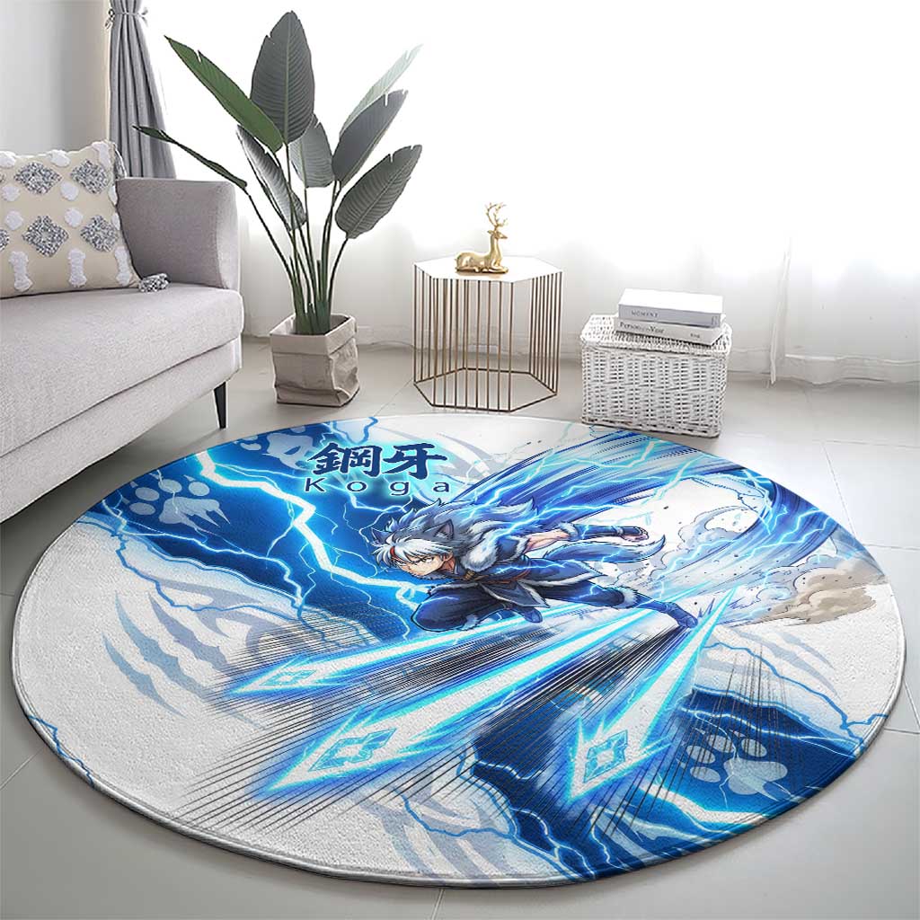 Koga Inuyasha Series Round Carpet Electric Storm Anime Style with Blue Wolf Spirit