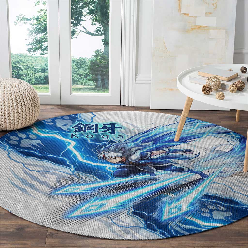 Koga Inuyasha Series Round Carpet Electric Storm Anime Style with Blue Wolf Spirit