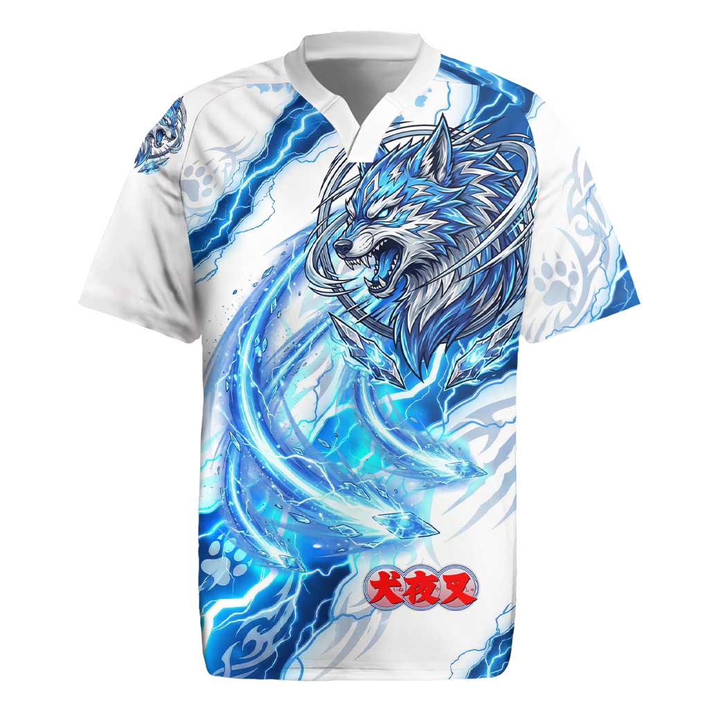 Koga Inuyasha Series Rugby Jersey Electric Storm Anime Style with Blue Wolf Spirit