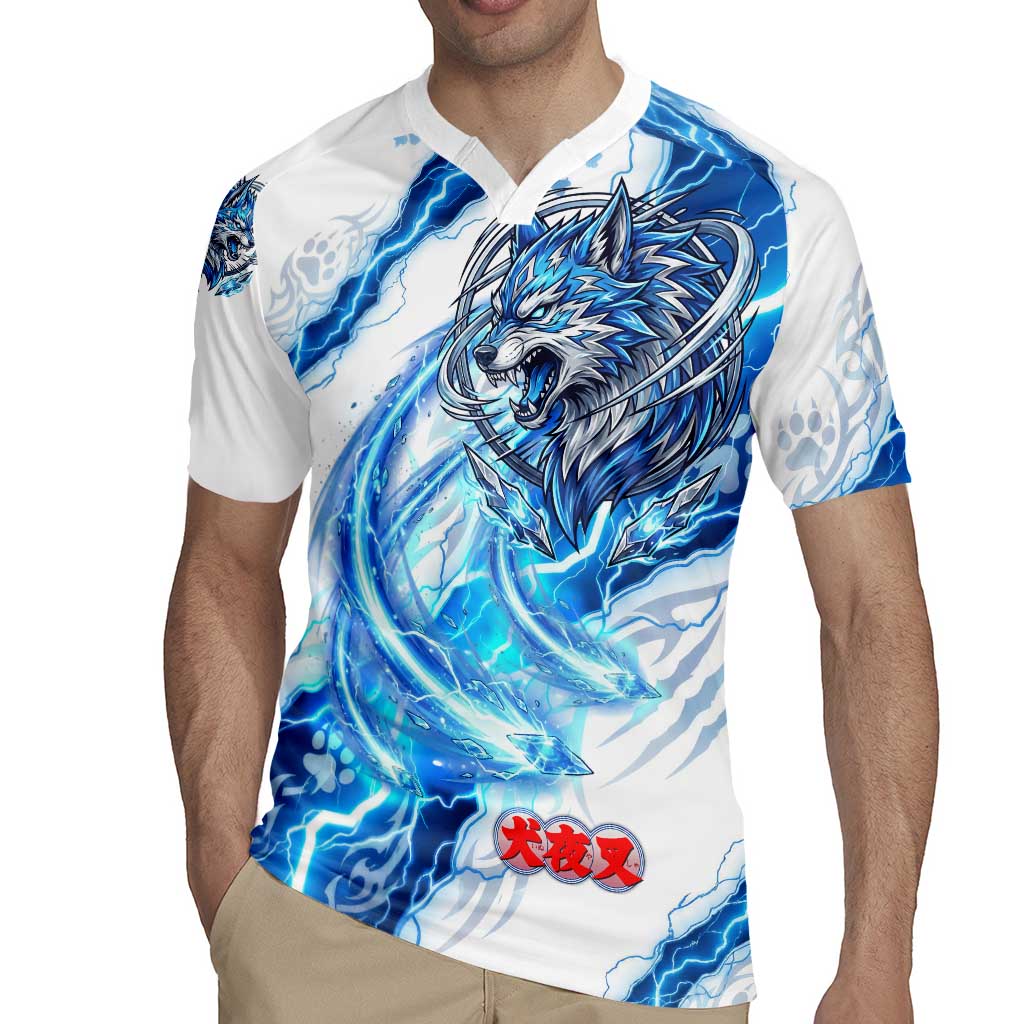 Koga Inuyasha Series Rugby Jersey Electric Storm Anime Style with Blue Wolf Spirit