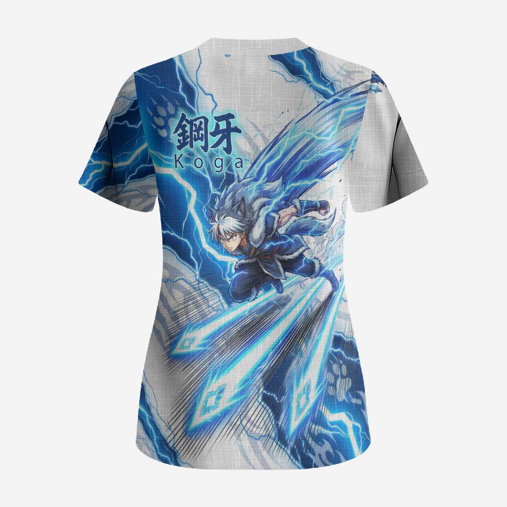 Koga Inuyasha Series Scrub Top Electric Storm Anime Style with Blue Wolf Spirit