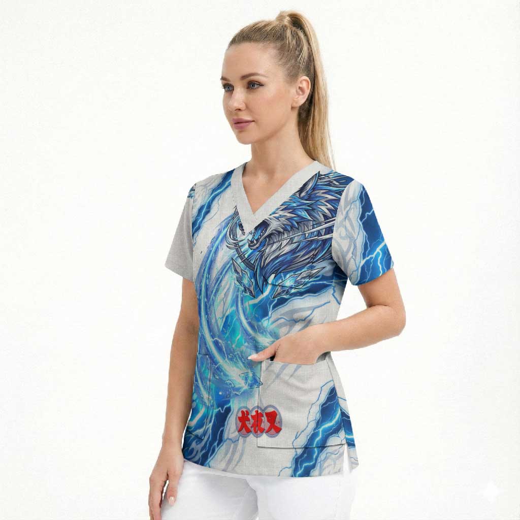 Koga Inuyasha Series Scrub Top Electric Storm Anime Style with Blue Wolf Spirit