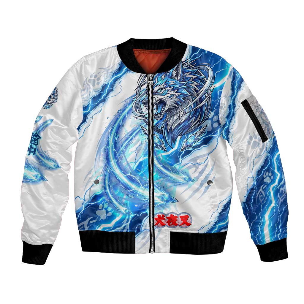 Koga Inuyasha Series Sleeve Zip Bomber Jacket Electric Storm Anime Style with Blue Wolf Spirit