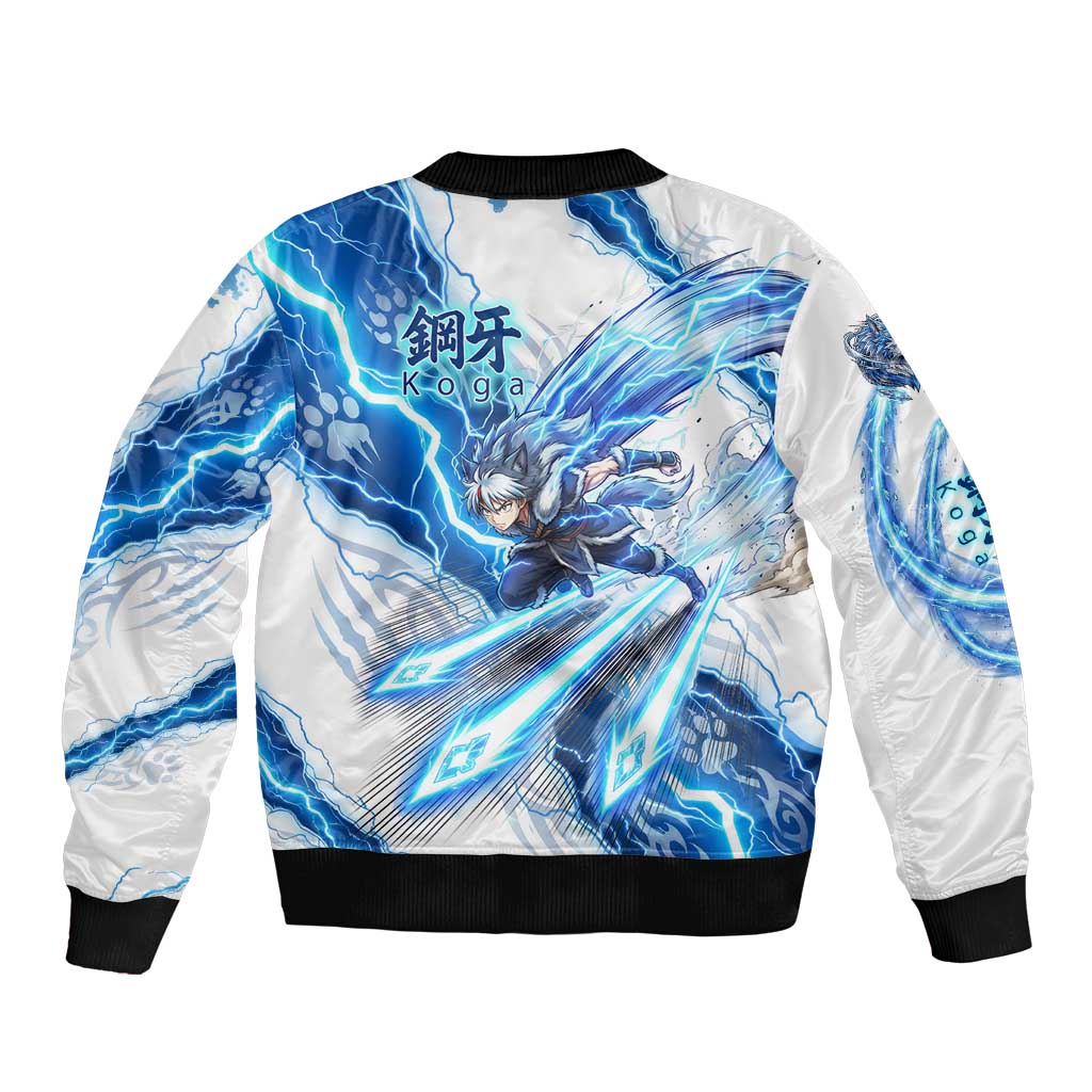 Koga Inuyasha Series Sleeve Zip Bomber Jacket Electric Storm Anime Style with Blue Wolf Spirit