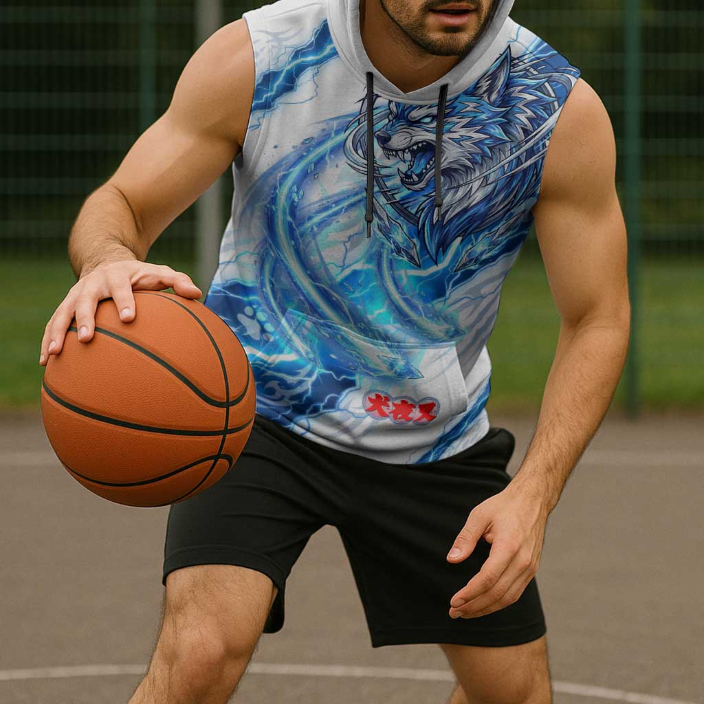 Koga Inuyasha Series Sleeveless Hoodie Electric Storm Anime Style with Blue Wolf Spirit