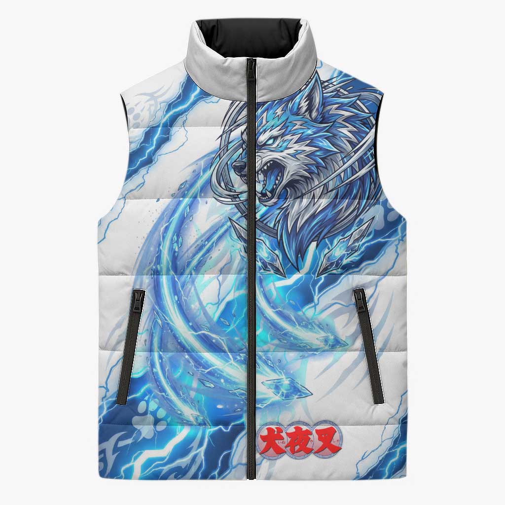 Koga Inuyasha Series Sleeveless Puffer Jacket Electric Storm Anime Style with Blue Wolf Spirit