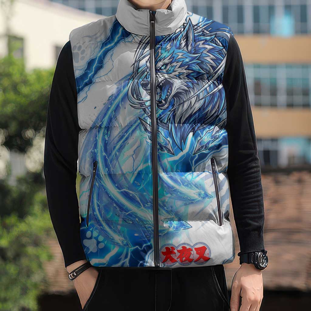 Koga Inuyasha Series Sleeveless Puffer Jacket Electric Storm Anime Style with Blue Wolf Spirit