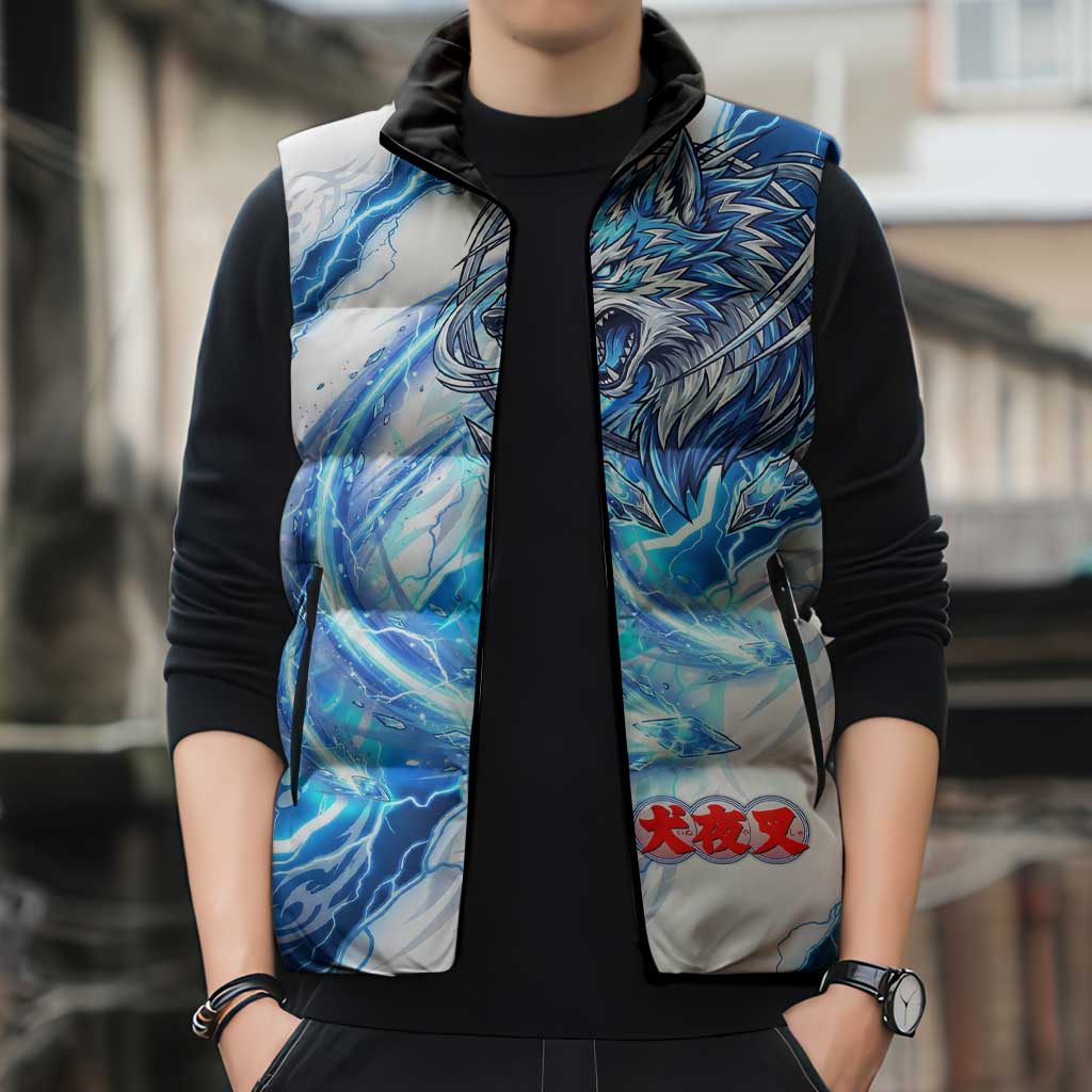Koga Inuyasha Series Sleeveless Puffer Jacket Electric Storm Anime Style with Blue Wolf Spirit