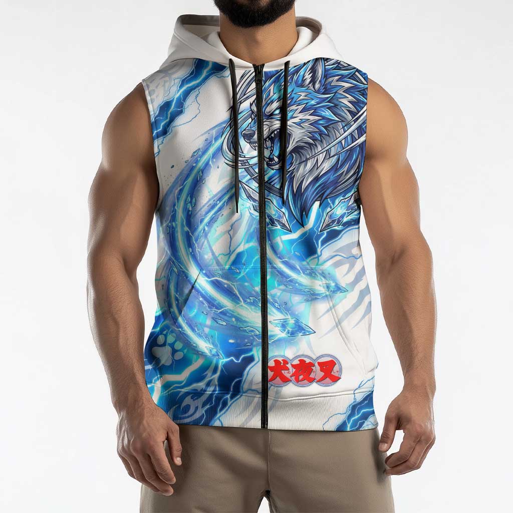 Koga Inuyasha Series Sleeveless Zip Hoodie Electric Storm Anime Style with Blue Wolf Spirit