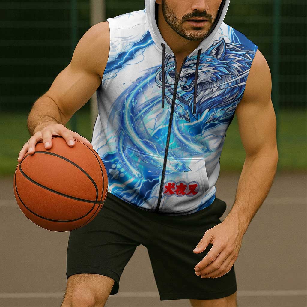 Koga Inuyasha Series Sleeveless Zip Hoodie Electric Storm Anime Style with Blue Wolf Spirit