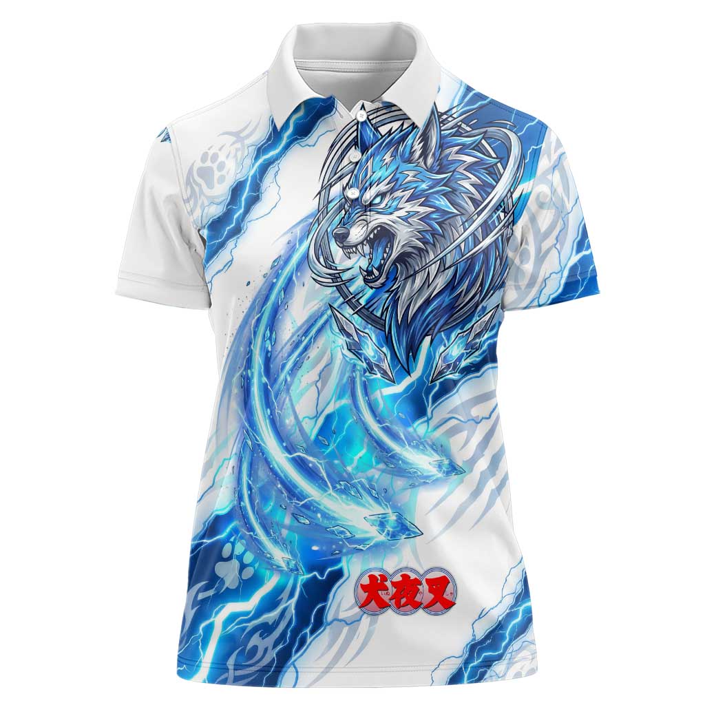 Koga Inuyasha Series Women Polo Shirt Electric Storm Anime Style with Blue Wolf Spirit