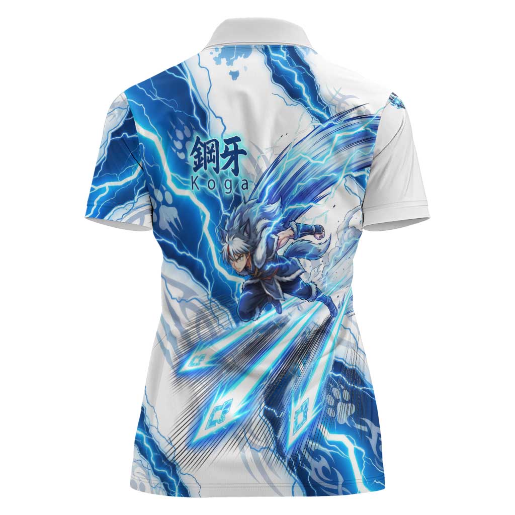Koga Inuyasha Series Women Polo Shirt Electric Storm Anime Style with Blue Wolf Spirit