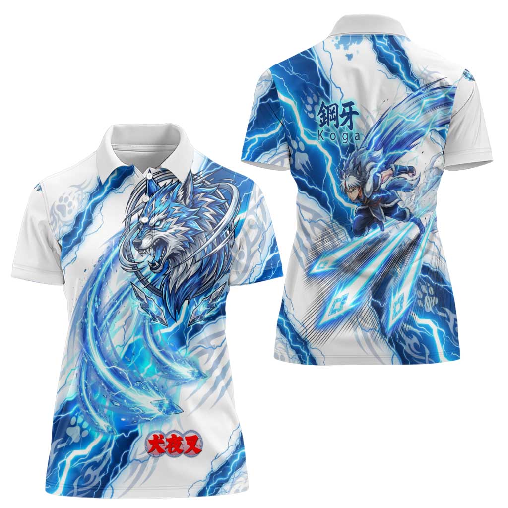 Koga Inuyasha Series Women Polo Shirt Electric Storm Anime Style with Blue Wolf Spirit