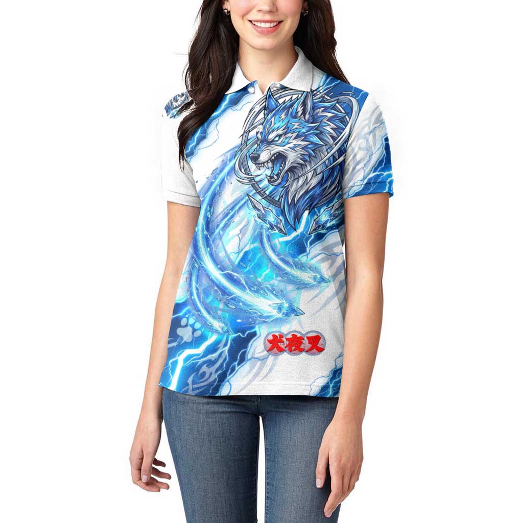 Koga Inuyasha Series Women Polo Shirt Electric Storm Anime Style with Blue Wolf Spirit