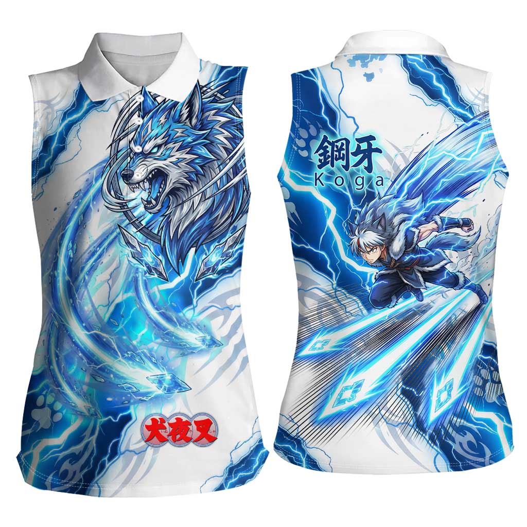 Koga Inuyasha Series Women Sleeveless Polo Shirt Electric Storm Anime Style with Blue Wolf Spirit