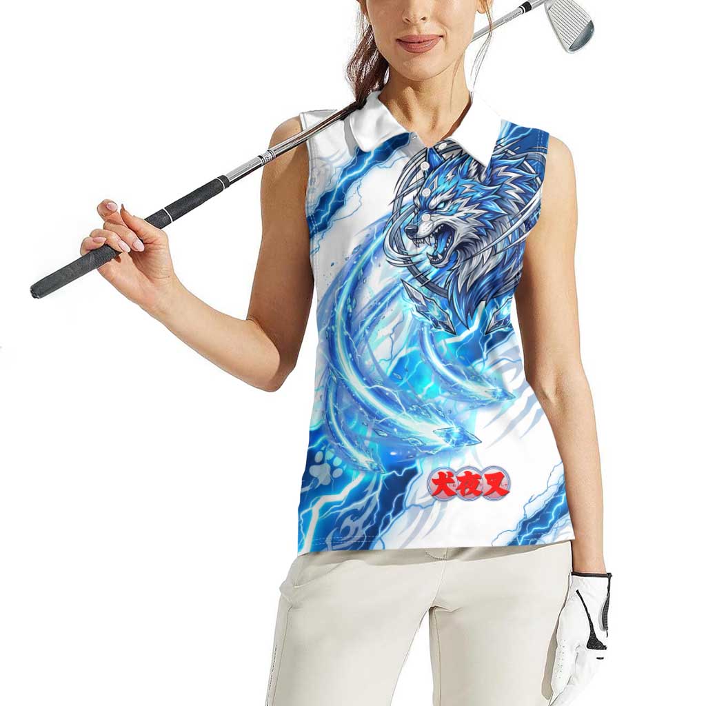 Koga Inuyasha Series Women Sleeveless Polo Shirt Electric Storm Anime Style with Blue Wolf Spirit