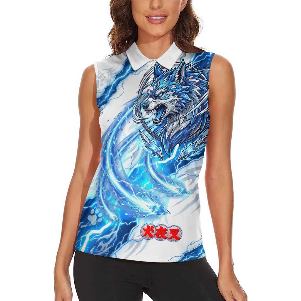 Koga Inuyasha Series Women Sleeveless Polo Shirt Electric Storm Anime Style with Blue Wolf Spirit