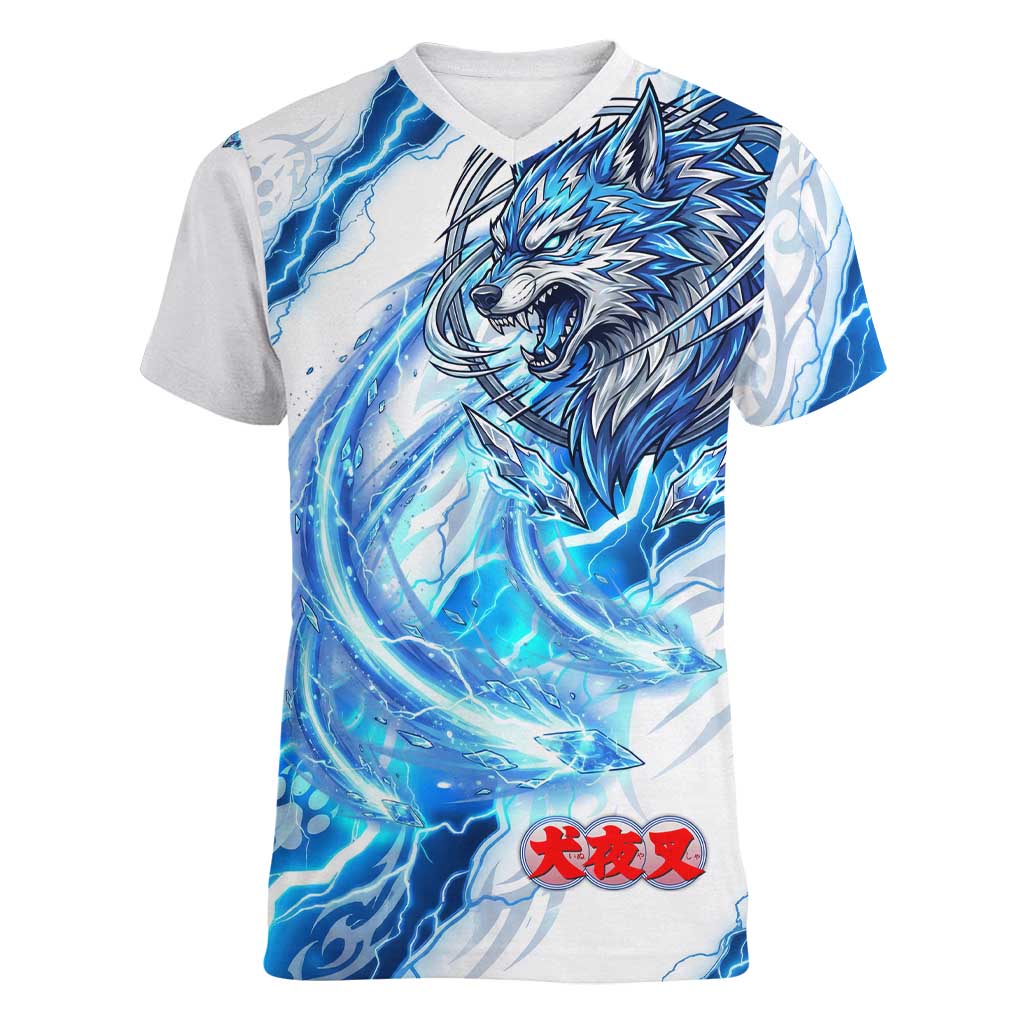Koga Inuyasha Series Women V-Neck T-Shirt Electric Storm Anime Style with Blue Wolf Spirit