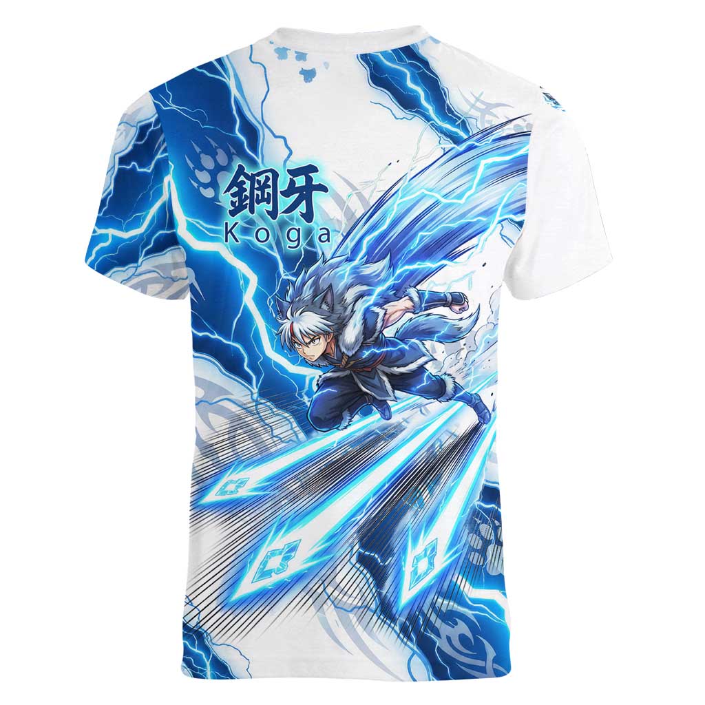Koga Inuyasha Series Women V-Neck T-Shirt Electric Storm Anime Style with Blue Wolf Spirit