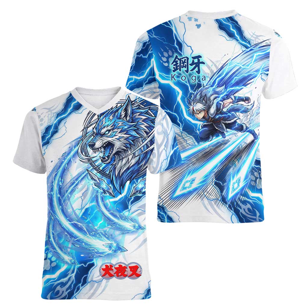 Koga Inuyasha Series Women V-Neck T-Shirt Electric Storm Anime Style with Blue Wolf Spirit