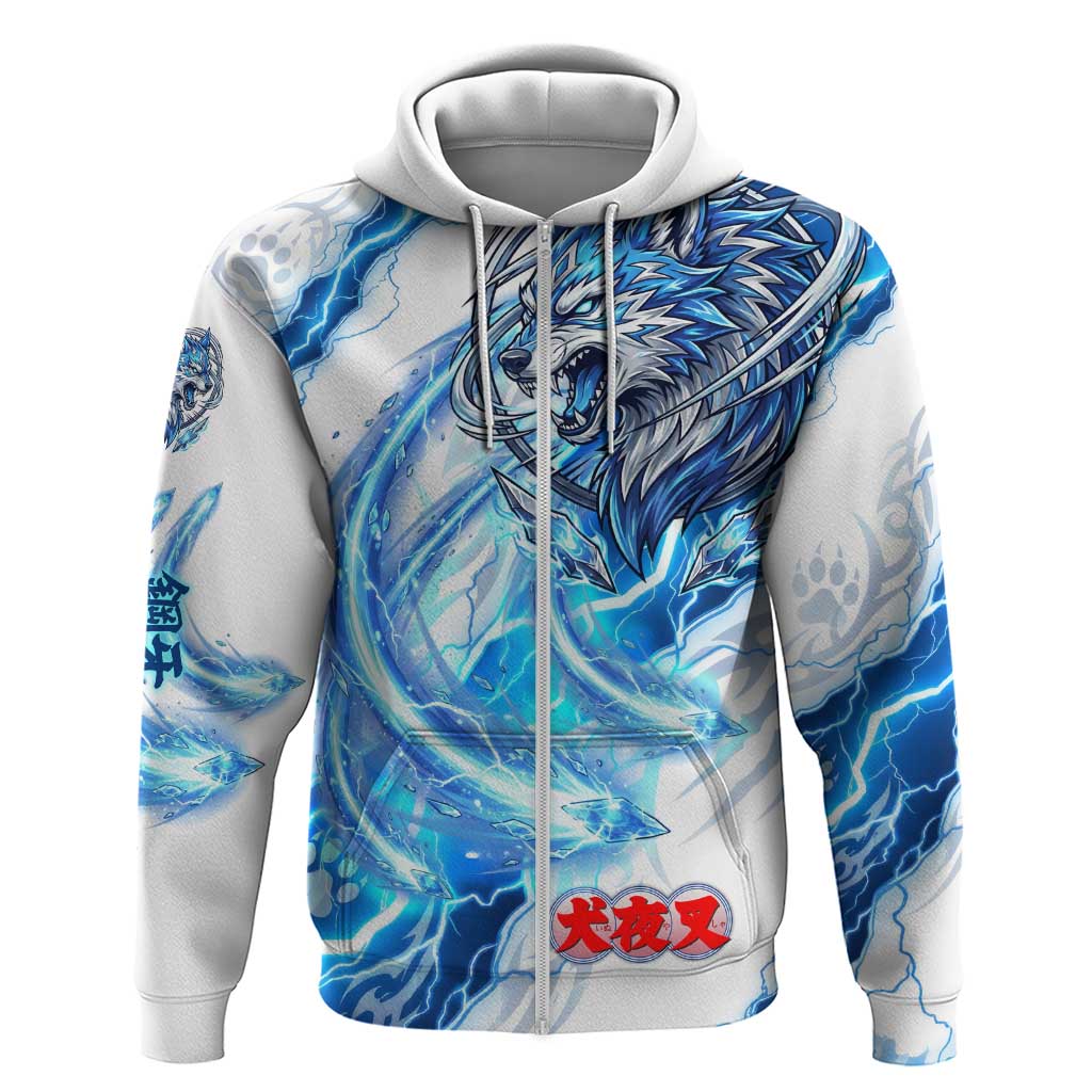 Koga Inuyasha Series Zip Hoodie Electric Storm Anime Style with Blue Wolf Spirit