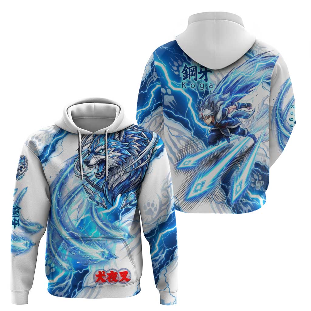 Koga Inuyasha Series Zip Hoodie Electric Storm Anime Style with Blue Wolf Spirit