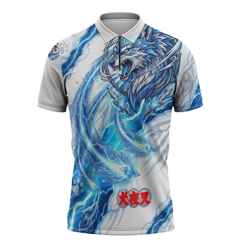 Koga Inuyasha Series Zipper Polo Shirt Electric Storm Anime Style with Blue Wolf Spirit