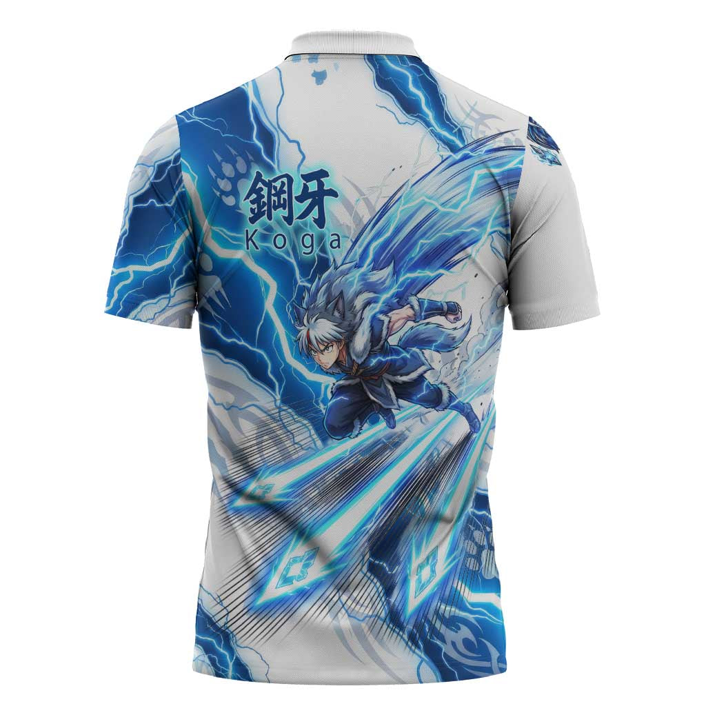 Koga Inuyasha Series Zipper Polo Shirt Electric Storm Anime Style with Blue Wolf Spirit