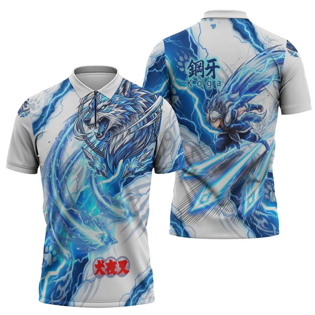 Koga Inuyasha Series Zipper Polo Shirt Electric Storm Anime Style with Blue Wolf Spirit