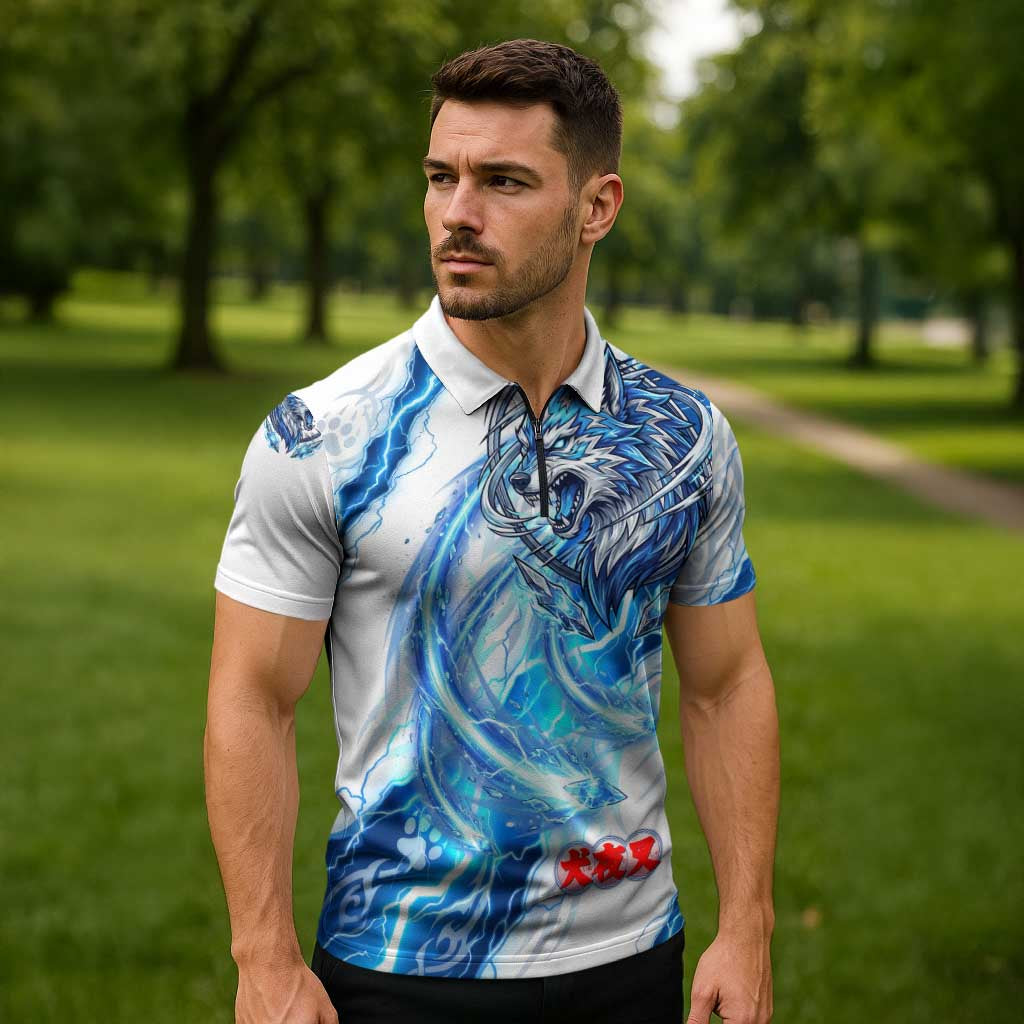 Koga Inuyasha Series Zipper Polo Shirt Electric Storm Anime Style with Blue Wolf Spirit
