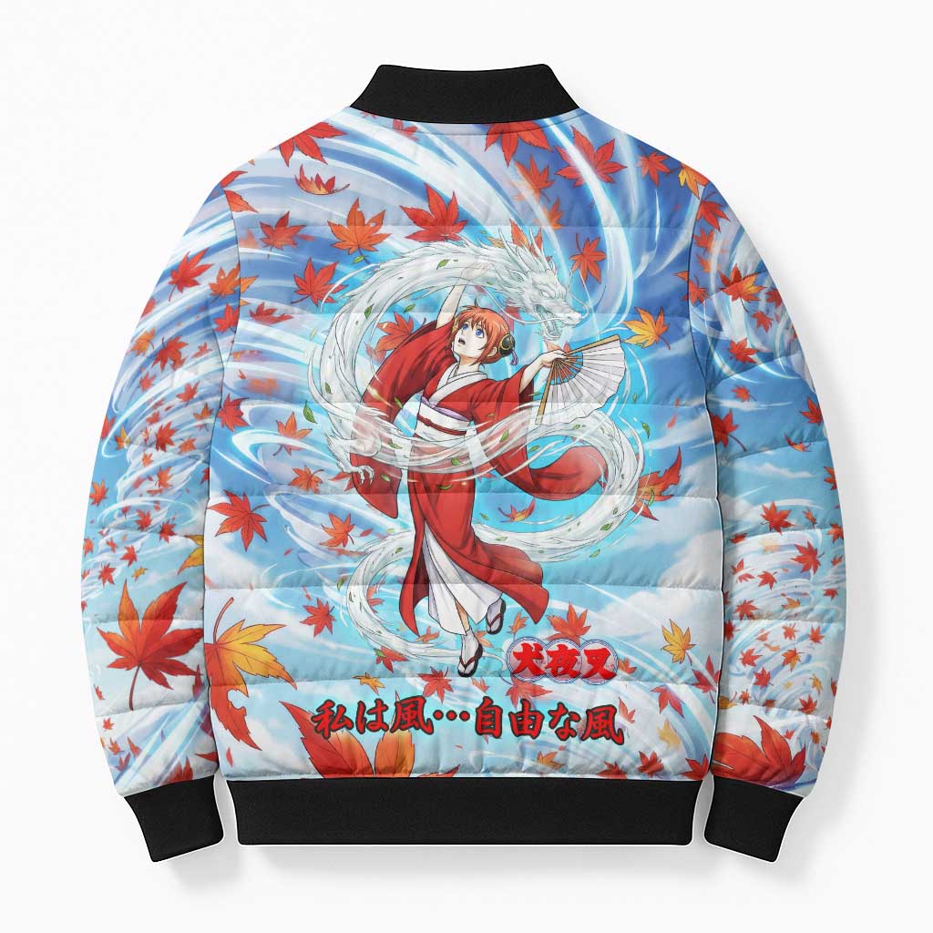 Kagura Inuyasha Series Bomber Puffer Jacket Wind Spirit Anime Style with Autumn Maple Leaves
