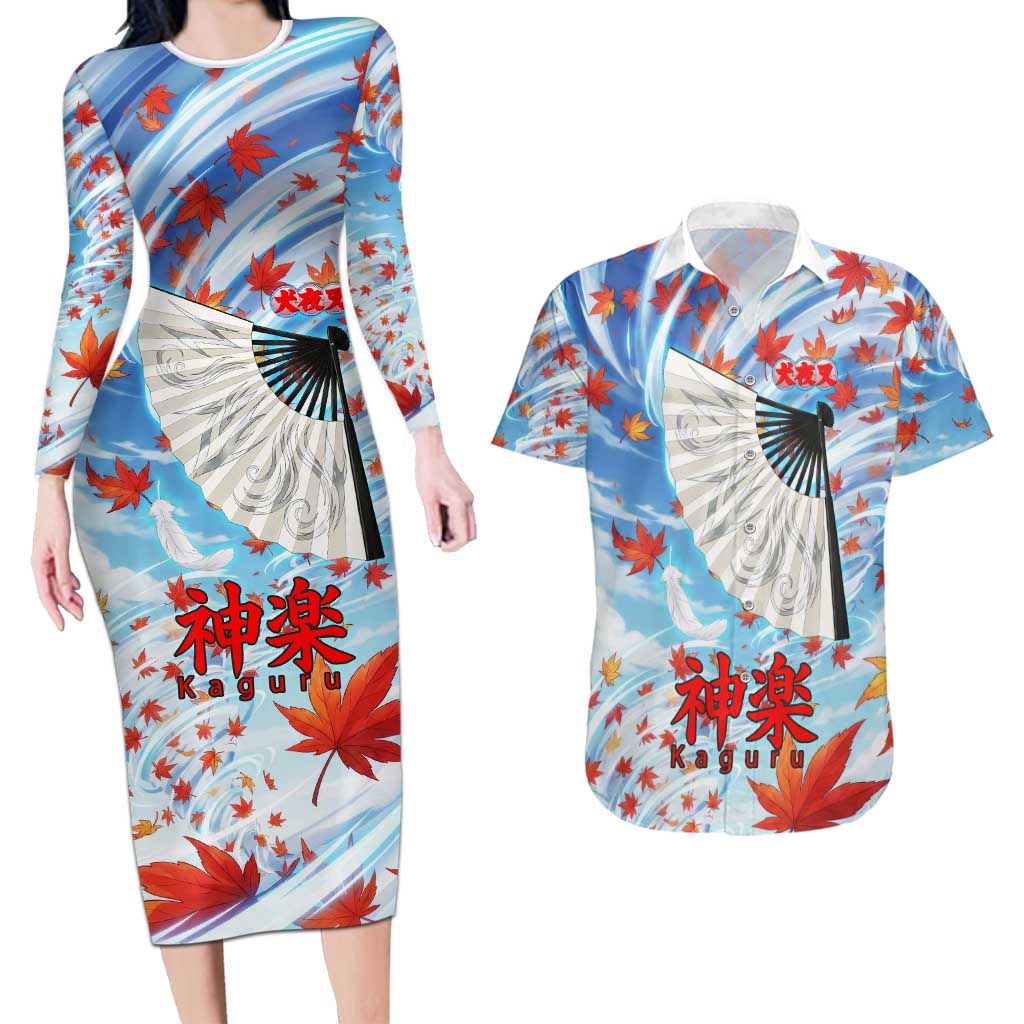 Kagura Inuyasha Series Couples Matching Long Sleeve Bodycon Dress and Hawaiian Shirt Wind Spirit Anime Style with Autumn Maple Leaves