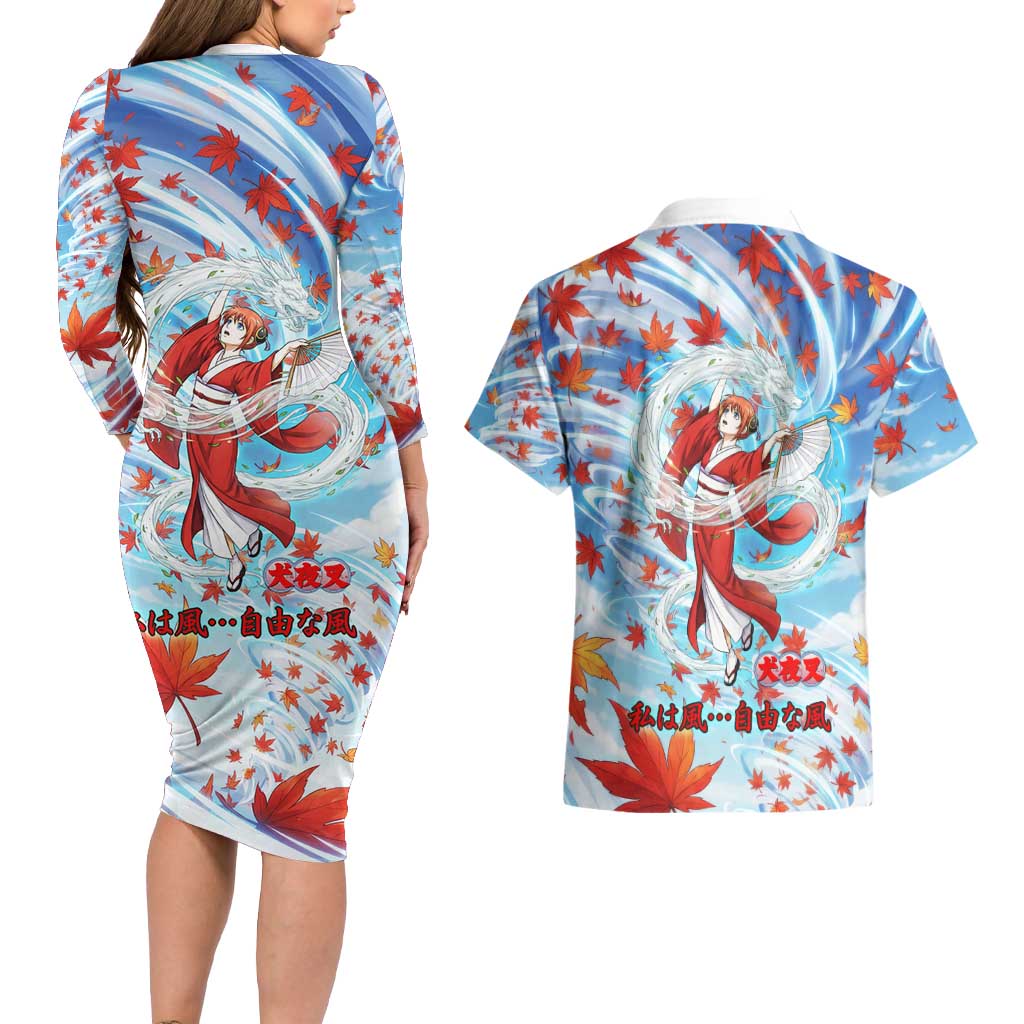 Kagura Inuyasha Series Couples Matching Long Sleeve Bodycon Dress and Hawaiian Shirt Wind Spirit Anime Style with Autumn Maple Leaves