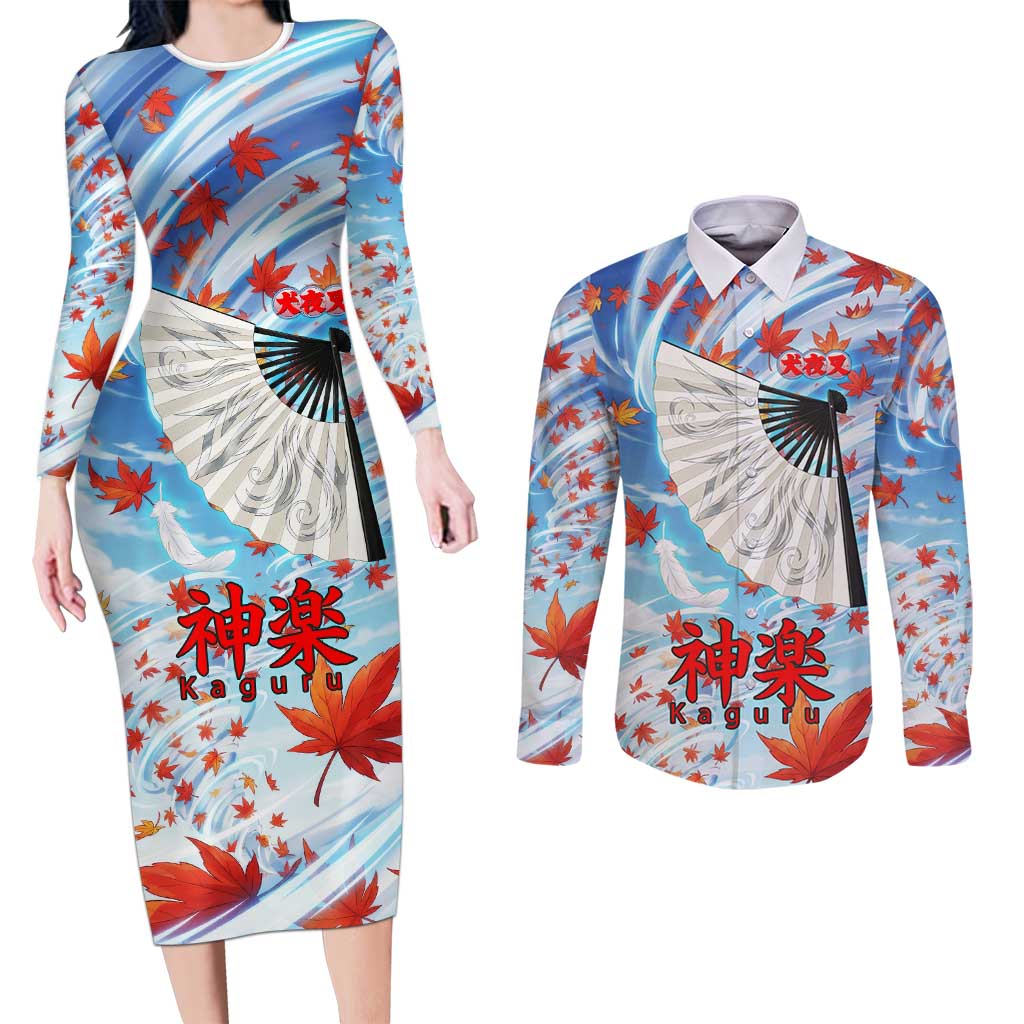 Kagura Inuyasha Series Couples Matching Long Sleeve Bodycon Dress and Long Sleeve Button Shirt Wind Spirit Anime Style with Autumn Maple Leaves