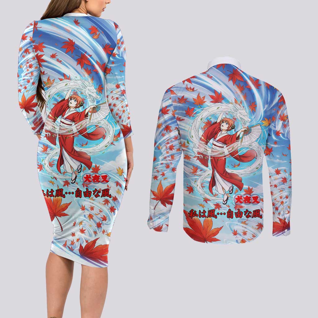 Kagura Inuyasha Series Couples Matching Long Sleeve Bodycon Dress and Long Sleeve Button Shirt Wind Spirit Anime Style with Autumn Maple Leaves