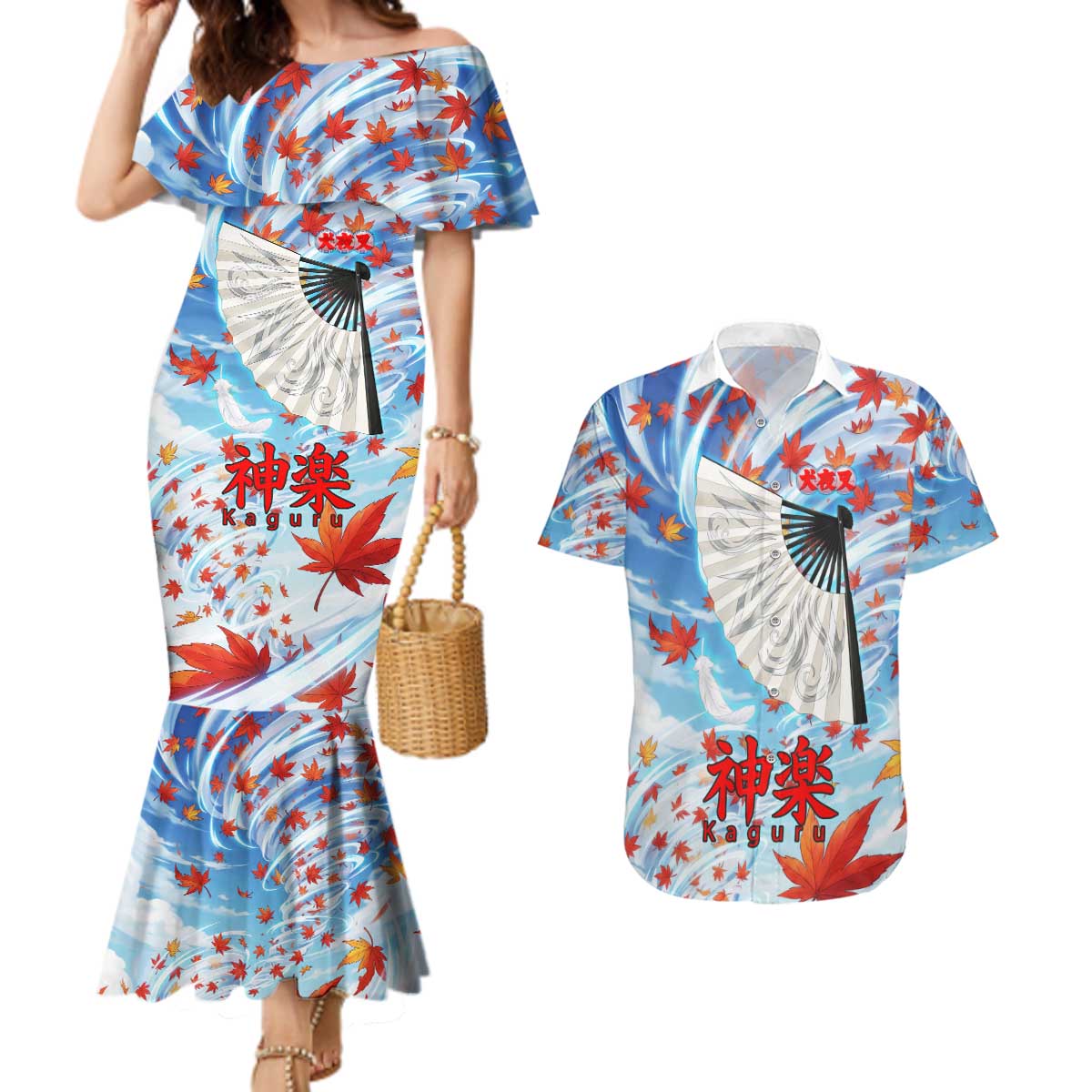 Kagura Inuyasha Series Couples Matching Mermaid Dress and Hawaiian Shirt Wind Spirit Anime Style with Autumn Maple Leaves