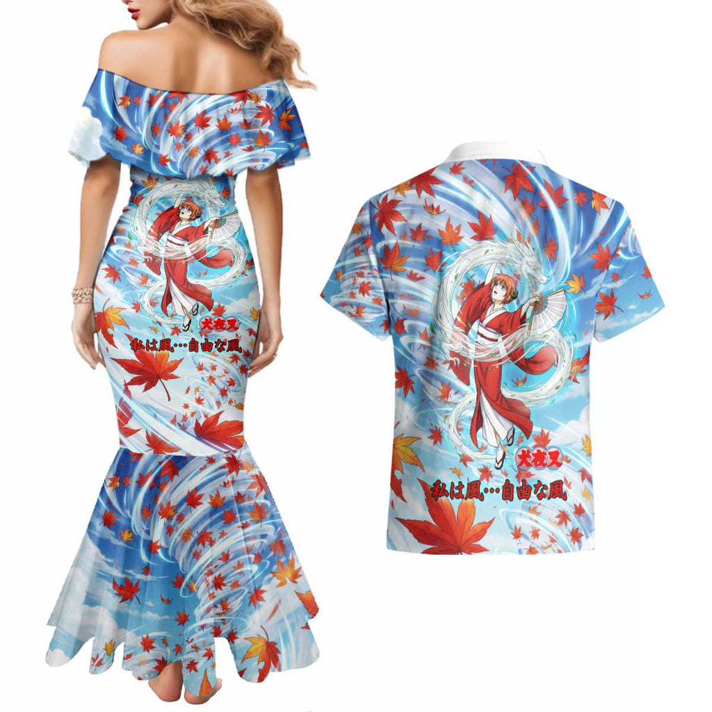 Kagura Inuyasha Series Couples Matching Mermaid Dress and Hawaiian Shirt Wind Spirit Anime Style with Autumn Maple Leaves