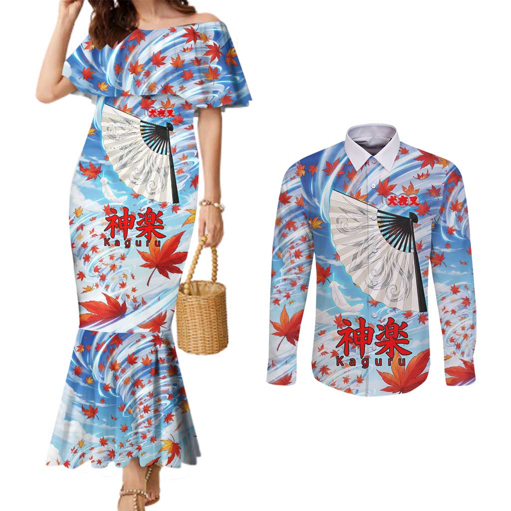 Kagura Inuyasha Series Couples Matching Mermaid Dress and Long Sleeve Button Shirt Wind Spirit Anime Style with Autumn Maple Leaves